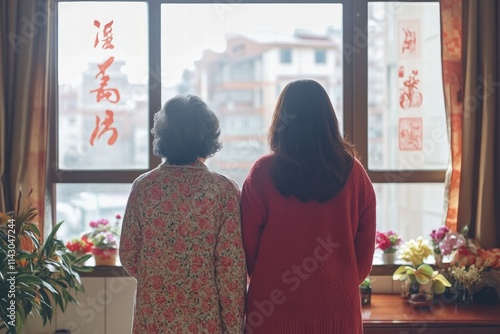 Celebrating Chinese New Year with family by the window admiring festive decorations photo