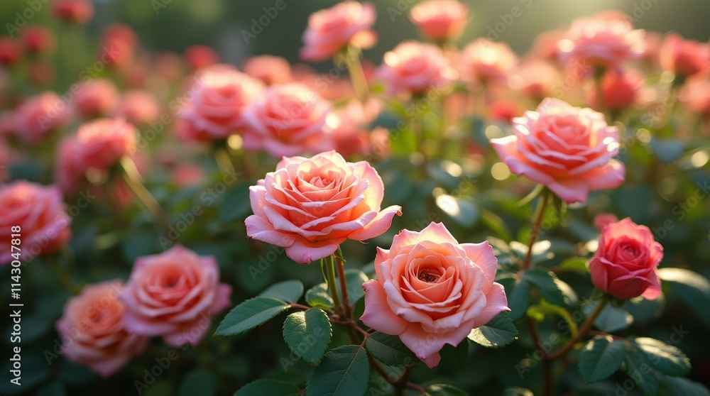 A photorealistic image of a garden filled with blossoming roses in various colors, creating a stunning display of nature's beauty, highlighting the lush greenery surrounding them. A photorealistic image of a garden filled with blossoming roses in various colors, creating a stunning display of nature's beauty, highlighting the lush greenery surrounding them.