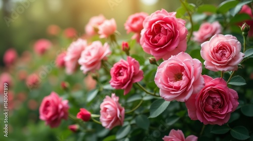 A photorealistic image of a garden filled with blossoming roses in various colors, creating a stunning display of nature's beauty, highlighting the lush greenery surrounding them.