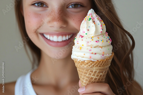 Generative AI Image of a Happy Child Smiling While Enjoying Sweets, Candies, and Bakery Treats photo