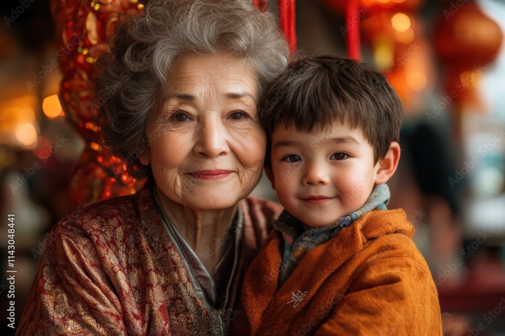 Elderly woman embraces young boy during Chinese New Year celebrations in a festive setting Elderly woman embraces young boy during Chinese New Year celebrations in a festive setting