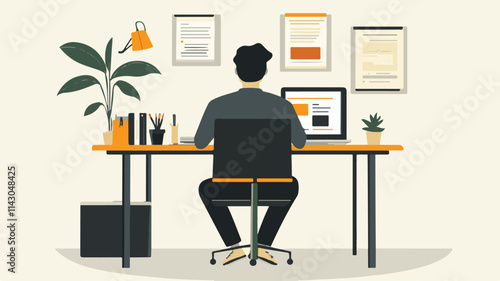 A flat vector illustration | A person sitting at the desk doing all the office work with a laptop. And he is thinking about digital marketing.  Art & Illustration