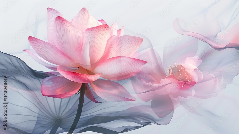 A lotus flower in full bloom with delicate pink hues on white background A lotus flower in full bloom with delicate pink hues on white background