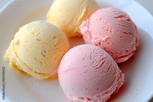 Pastel colored ice cream scoops on white plate, top view. 