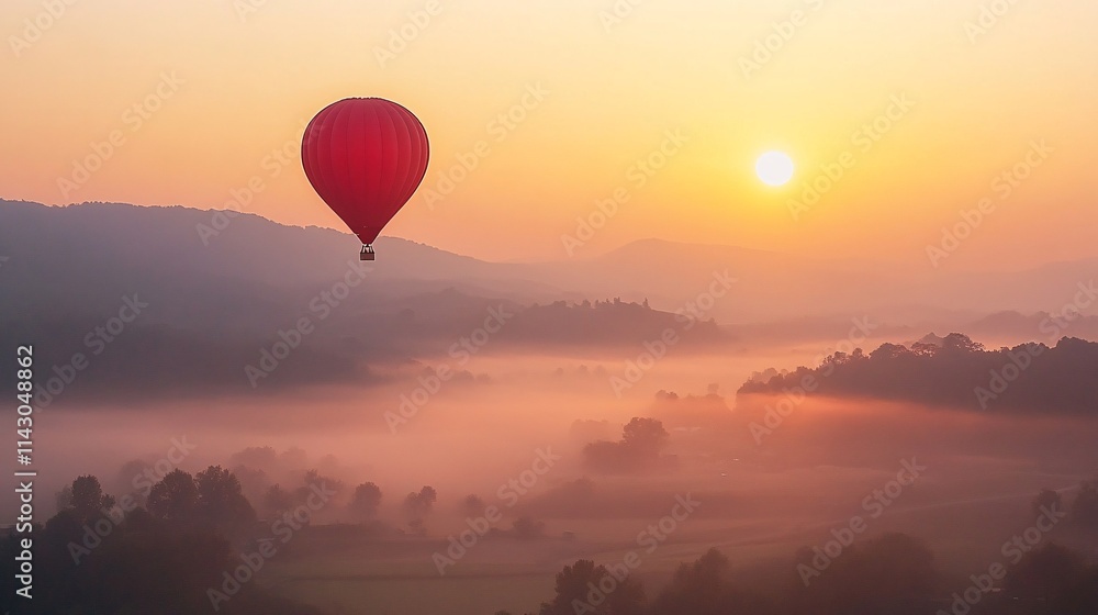 Vibrant Red Hot Air Balloon at Sunrise