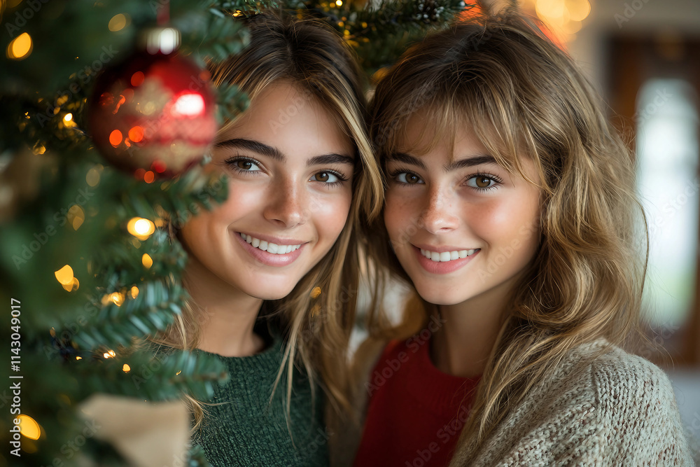 Generative AI Image of a Happy Family Decorating a Christmas Evergreen Tree Together Generative AI Image of a Happy Family Decorating a Christmas Evergreen Tree Together