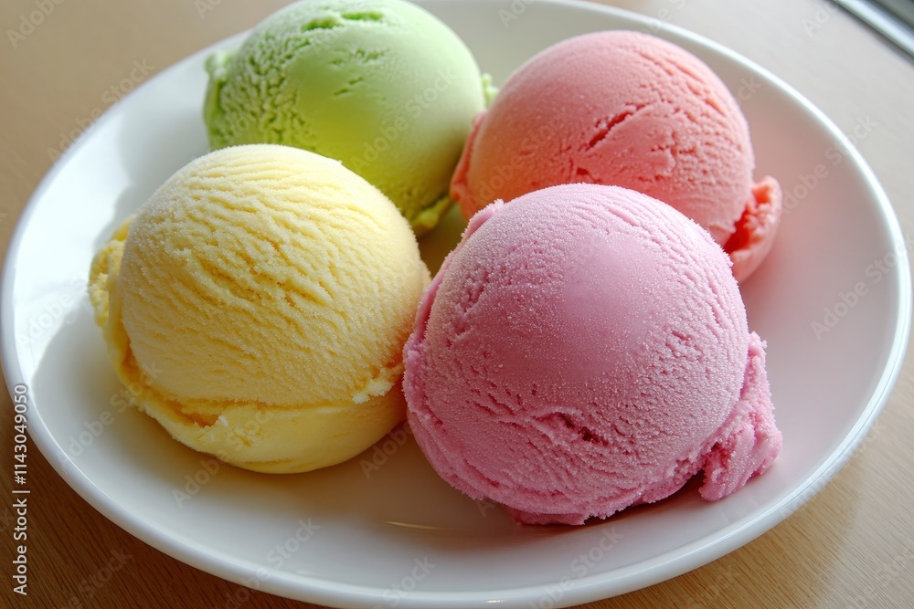 Pastel colored ice cream scoops on white plate, top view. Pastel colored ice cream scoops on white plate, top view.