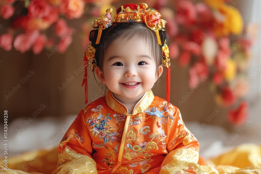 Celebrating Chinese New Year with a smiling child dressed in traditional attire amidst festive decorations Celebrating Chinese New Year with a smiling child dressed in traditional attire amidst festive decorations