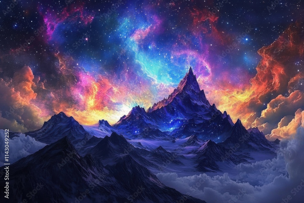 A vibrant galaxy view from a mountain peak with a lone adventurer gazing. A vibrant galaxy view from a mountain peak with a lone adventurer gazing.