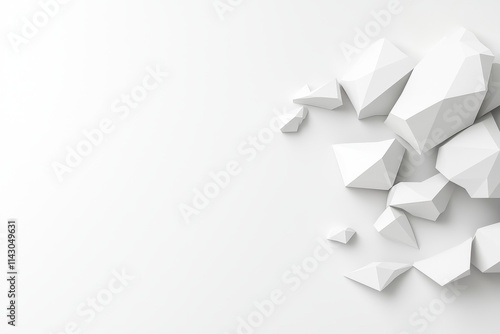 An illustration of a 3D rendered background with abstract geometric shapes in white and gray, incorporating a polygon and low poly design.