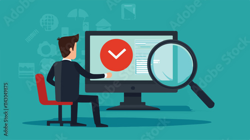 A flat vector illustration | A person sitting at the desk doing all the office work with a laptop. And he is thinking about digital marketing.  Art & Illustration