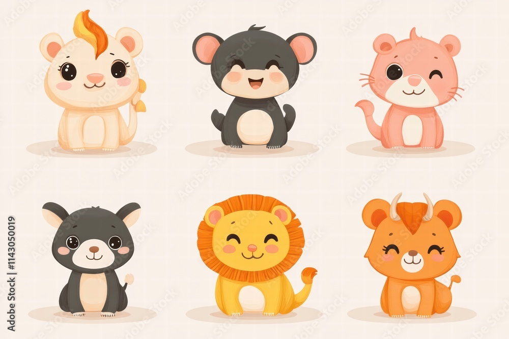 Obraz premium Cute cartoon animals celebrating Chinese New Year with festive attire and joyful expressions