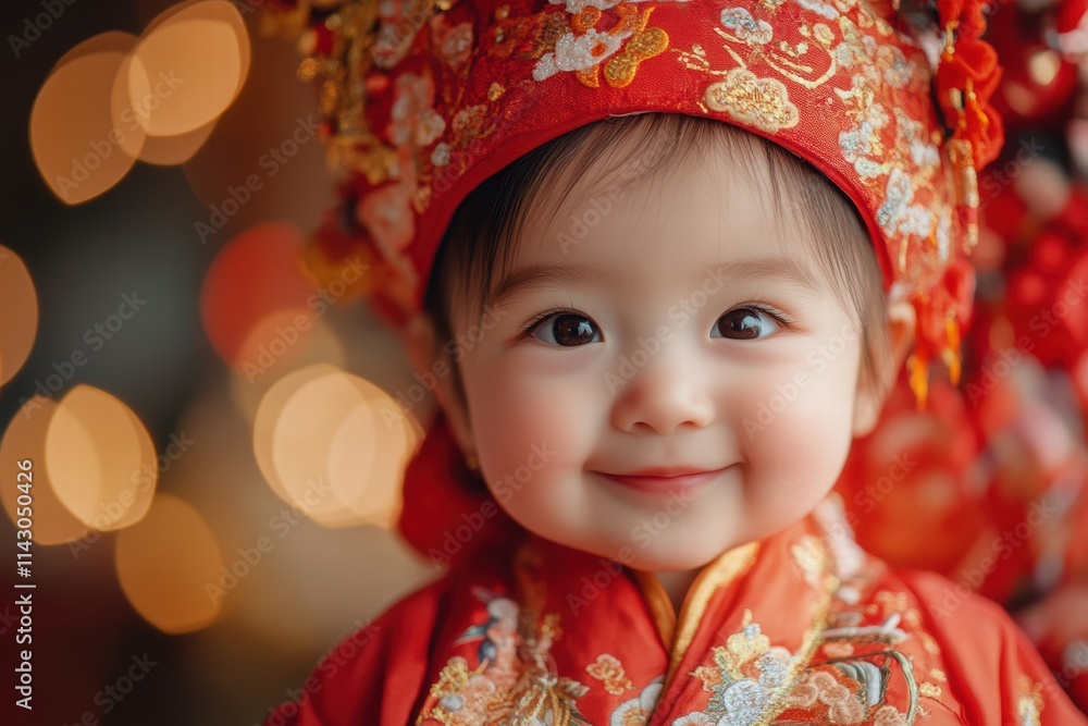 Joyful child celebrating Chinese New Year in vibrant traditional attire with festive decorations Joyful child celebrating Chinese New Year in vibrant traditional attire with festive decorations