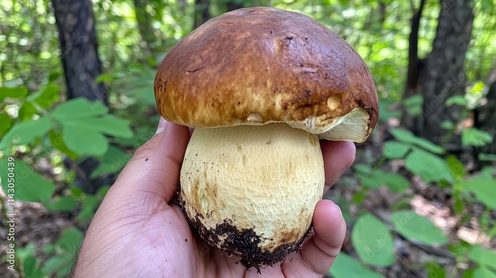A person holding a mushroom in their hand in the woods A person holding a mushroom in their hand in the woods