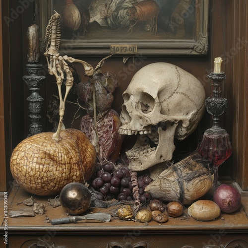 A macabre still life showcasing a human skull, decayed fruits, and antique decor elements, evoking themes of mortality and decay. AI generated. photo