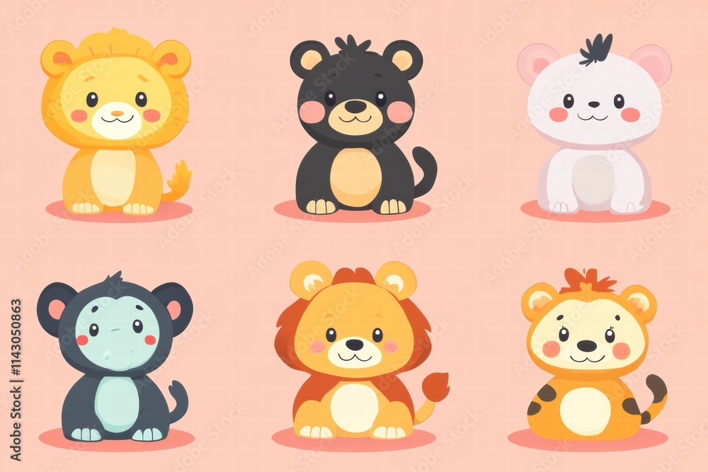 Fototapeta premium Cute cartoon animals celebrating Chinese New Year with joyful expressions and vibrant colors