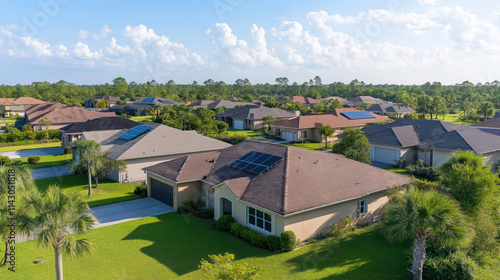 Wallpaper Mural Aerial Midday View of a Residential Neighborhood Featuring Asphalt Shingle Roofs and Solar Panels, Highlighting Energy-Efficient Architecture and Sustainable Living Torontodigital.ca