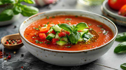 Bowl of traditional Spanish cold tomato soup gazpacho with tomatoes, cucumber, red bell pepper, olive oil and basil leaves