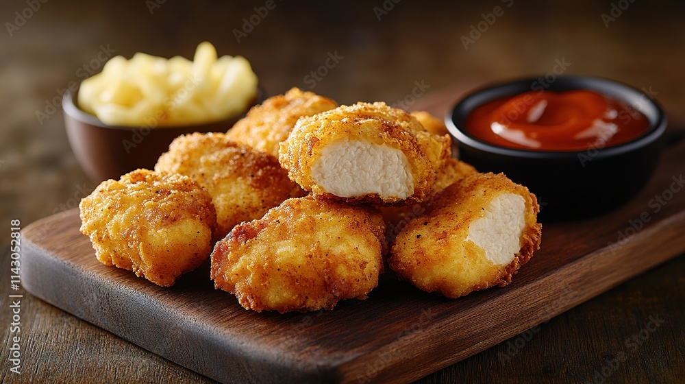 Breaded chicken strips or nuggets with two kinds of sauces and fried potatoes on a wooden Board. Fast food on dark brown background. with copy space Breaded chicken strips or nuggets with two kinds of sauces and fried potatoes on a wooden Board. Fast food on dark brown background. with copy space