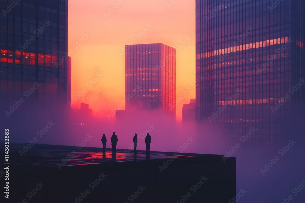 Silhouetted figures on a rooftop at sunset, surrounded by misty skyscrapers. Silhouetted figures on a rooftop at sunset, surrounded by misty skyscrapers.