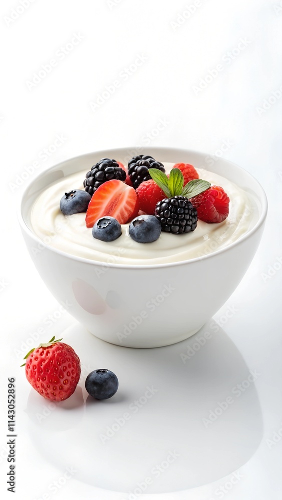 A white bowl of creamy yogurt topped with fresh strawberries, blackberries, raspberries, and blueberries, symbolizing a nutritious and colorful breakfast choice. A white bowl of creamy yogurt topped with fresh strawberries, blackberries, raspberries, and blueberries, symbolizing a nutritious and colorful breakfast choice.