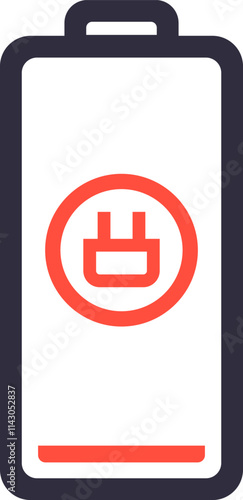 Minimalist vector illustration of a low battery with a plug symbol, indicating the need to connect to a power source to recharge, with a partially filled charge indicator bar at the bottom