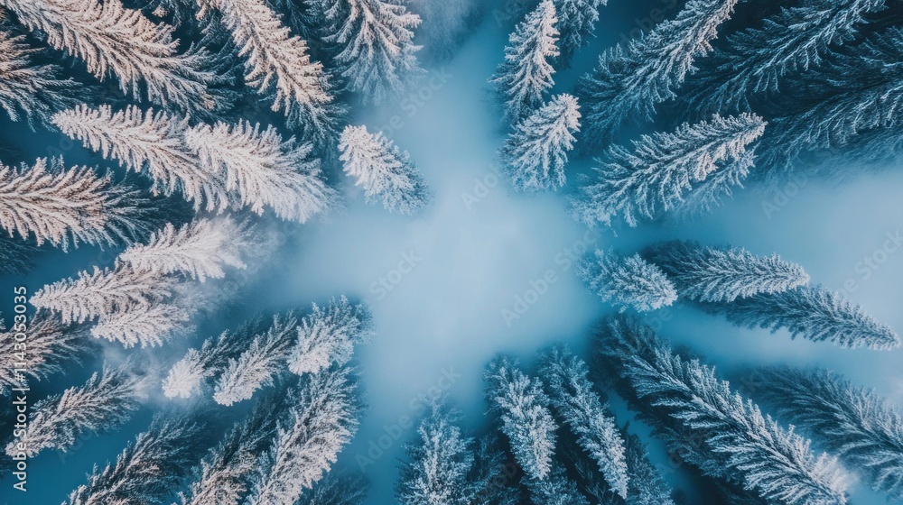 Aerial view of snow-covered pine forest in winter fog. Aerial view of snow-covered pine forest in winter fog.