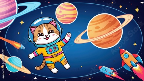 Astronaut cat floating in outer space, cartoon style
