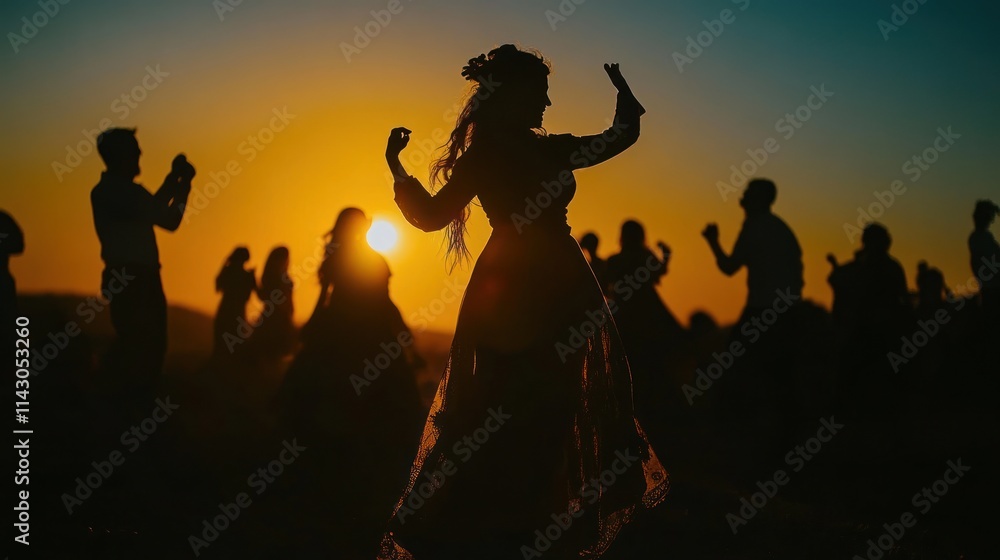 Silhouetted woman dances joyfully at sunset with a group of people. Silhouetted woman dances joyfully at sunset with a group of people.