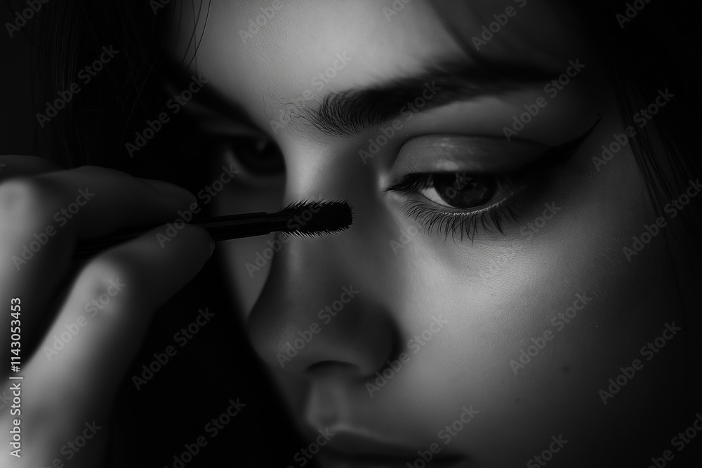 Obraz premium Woman applying mascara with precision under soft lighting, enhancing her eyelashes