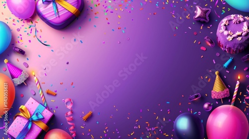 Festive birthday celebration background with colorful balloons, gift boxes, candles, confetti, party hats, and a vibrant purple theme. Generative AI