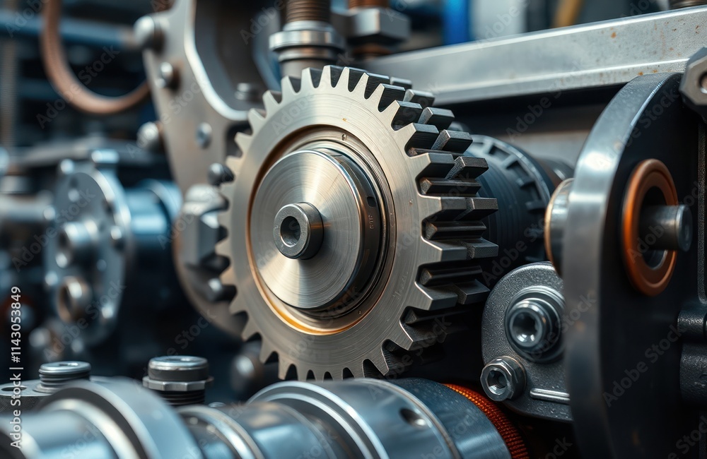 Close-up view of machine gears. Industrial machinery components finely detailed. Metal parts mesh perfectly. Mechanism works smoothly. Production line part with precise movement. Heavy-duty Close-up view of machine gears. Industrial machinery components finely detailed. Metal parts mesh perfectly. Mechanism works smoothly. Production line part with precise movement. Heavy-duty