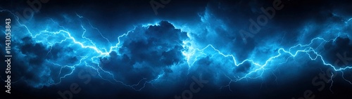 Blue lightning background. Lightning in the dark sky. Abstract stormy weather background.