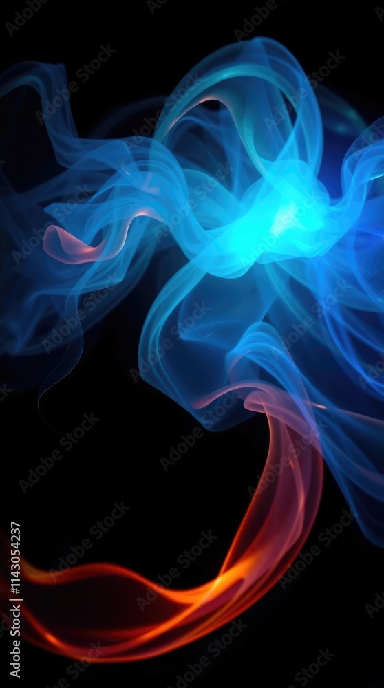Vibrant wisps of blue and red twist and turn fluidly, casting an enchanting glow against the darkness, evoking a sense of mystique and wonder in the atmosphere Vibrant wisps of blue and red twist and turn fluidly, casting an enchanting glow against the darkness, evoking a sense of mystique and wonder in the atmosphere
