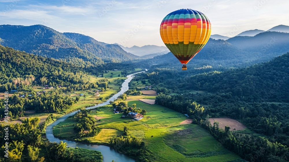 Fototapeta premium Vibrant Hot Air Balloon Floating Above the Valley