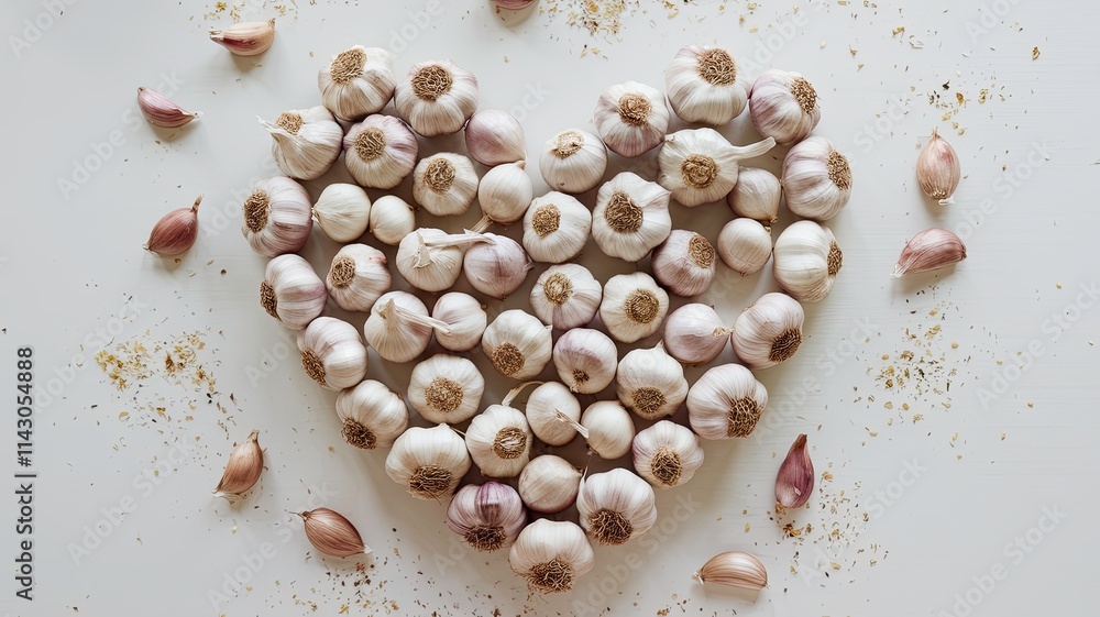 Fototapeta premium Garlic Heart Shape on White Background