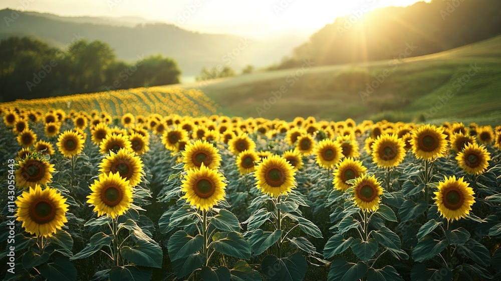 Fototapeta premium Sunflower field at sunset with warm light and hills backdrop