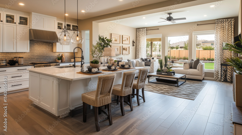 Modern open concept kitchen and living room with stylish furnishings and natural light Modern open concept kitchen and living room with stylish furnishings and natural light