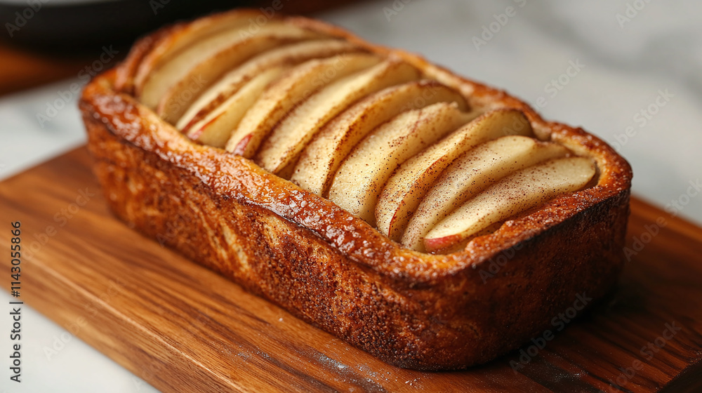 Bread loaf with apple slices, delicious fruit topped pastry, sweet and healthy homemade dessert, cinnamon flavored breakfast treat, fresh baked snack on wooden board. Bread loaf with apple slices, delicious fruit topped pastry, sweet and healthy homemade dessert, cinnamon flavored breakfast treat, fresh baked snack on wooden board.