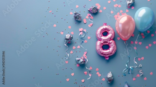 Pink number 8 balloon with colorful confetti, streamers, and party decorations on a festive blue background. Generative AI photo