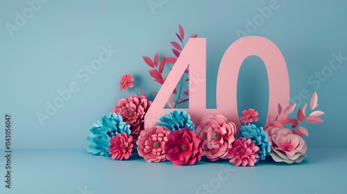 Elegant 40th Birthday Celebration with Floral Decorations and Pink Number. Generative AI photo