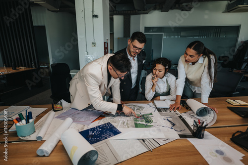 A focused team discusses architectural blueprints in an office. The project leader with crutches leads the conversation. Ideal image for teamwork, business meetings, and collaborative work photo