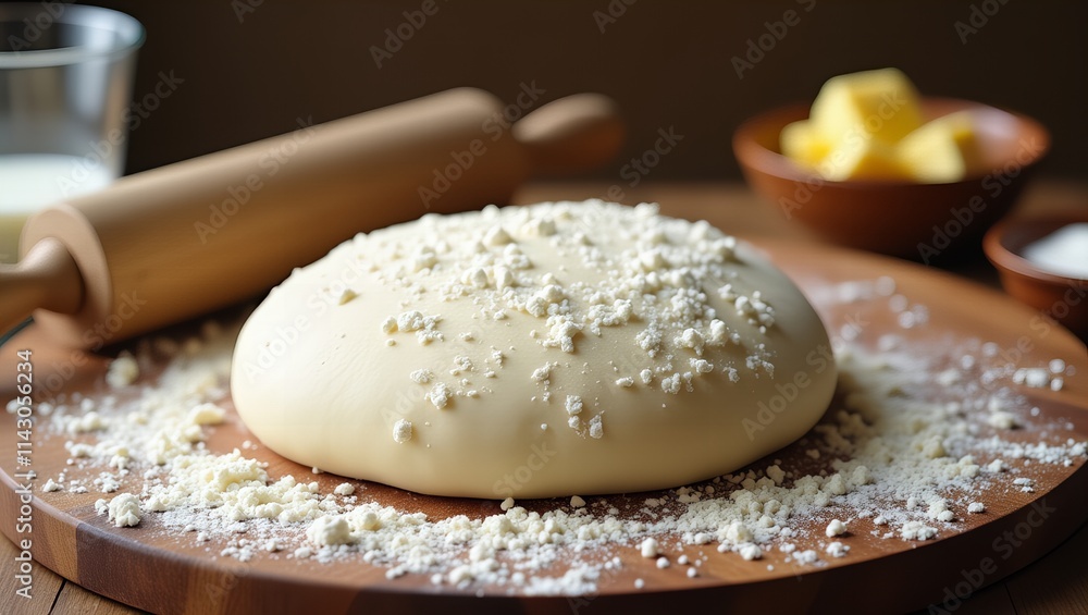 Fresh Dough with Flour on Wooden Board and Baking Ingredients
Fresh Dough with Flour on Wooden Board and Baking Ingredients