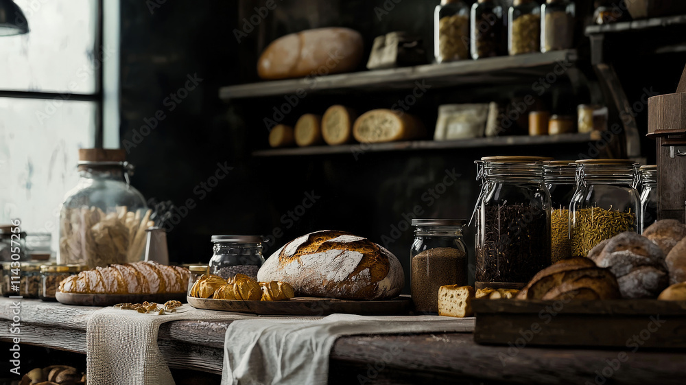 A rustic bakery counter displaying freshly baked bread and pastries, surrounded by jars of ingredients, creating a cozy and delicious atmosphere that invites customers to indulge in homemade treats. A rustic bakery counter displaying freshly baked bread and pastries, surrounded by jars of ingredients, creating a cozy and delicious atmosphere that invites customers to indulge in homemade treats.