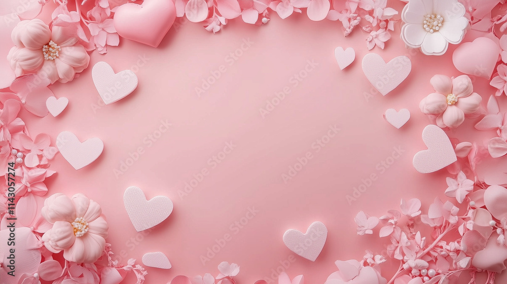 Pink romantic background with scattered hearts, flowers, and soft decorations Pink romantic background with scattered hearts, flowers, and soft decorations