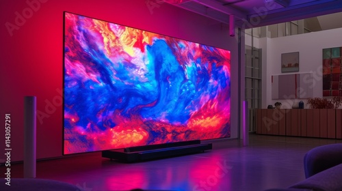 A vivid, large-scale abstract digital artwork, dominated by vibrant blue and pink hues, displayed in a sleek modern gallery setting with soft ambient lighting. AI generated.