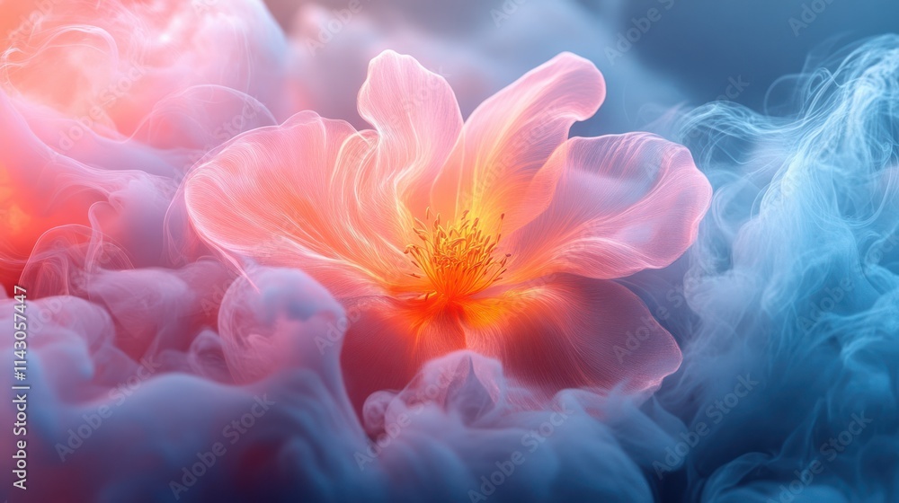 Glowing ethereal flower blossom in vibrant smoke. Glowing ethereal flower blossom in vibrant smoke.