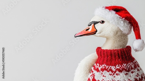 Fototapeta Naklejka Na Ścianę i Meble -  White swan wearing a red Christmas sweater and hat against a white background.