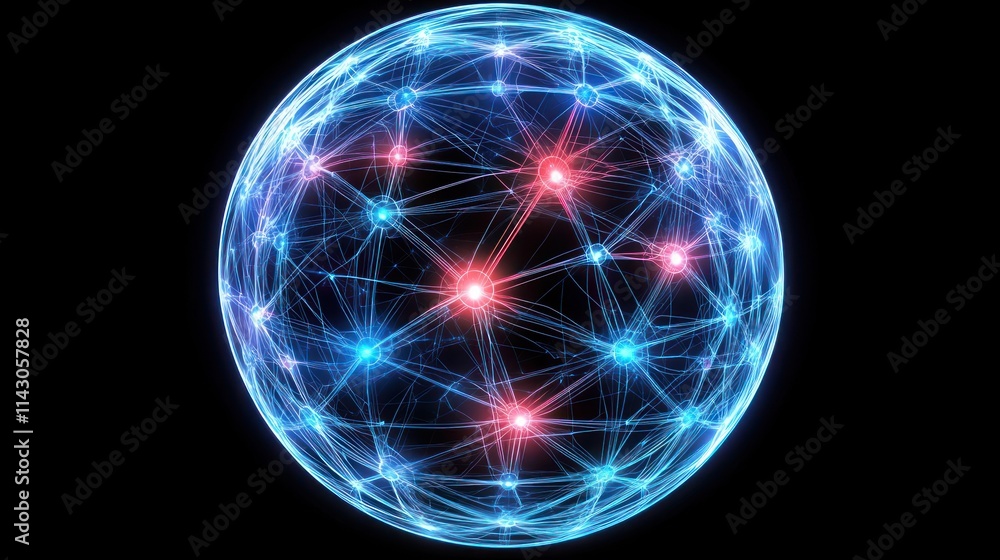 Abstract glowing sphere with interconnected nodes representing network, connection, and technology. Abstract glowing sphere with interconnected nodes representing network, connection, and technology.