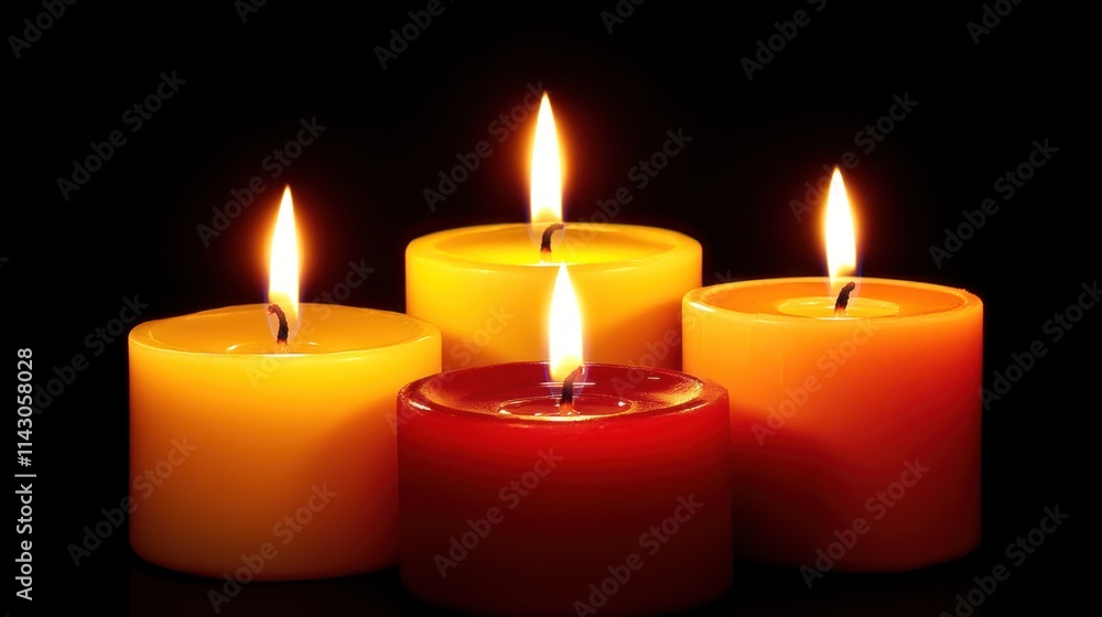 Four illuminated candles in warm colors on a black background. Four illuminated candles in warm colors on a black background.